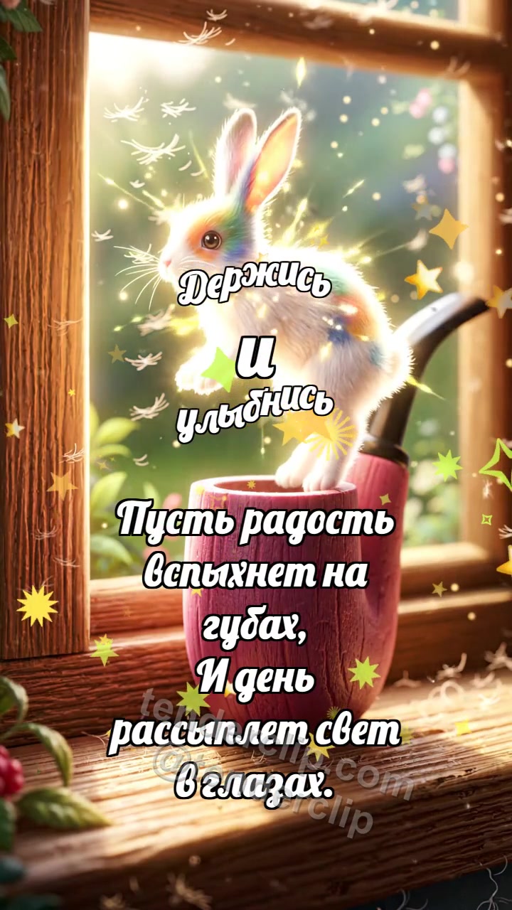 Анимационная открытка на тему Держись и улыбнись: Малиновая свирель выпускает зайчик