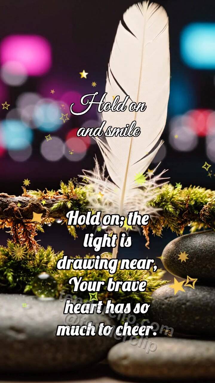 Animated greeting card about Hold on and smile: Mossy Handrail Holds Feather