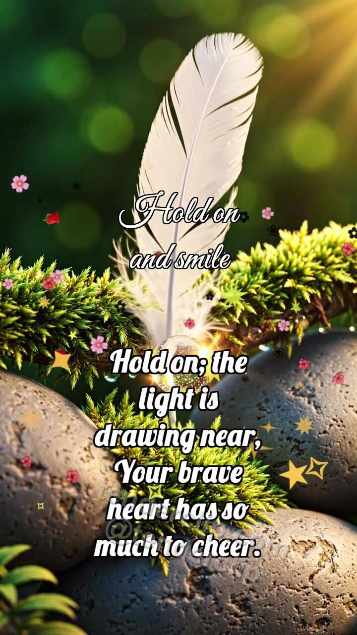 Animated greeting card about Hold on and smile: Mossy Handrail Holds Feather