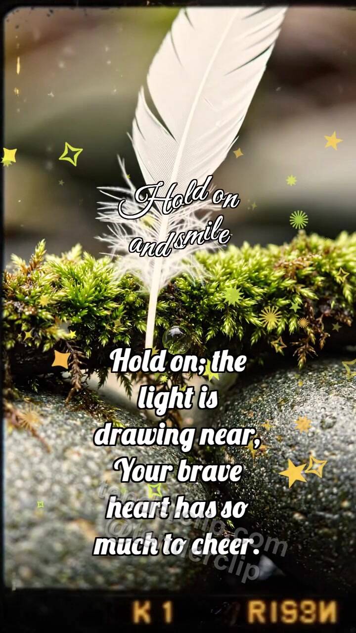 Animated greeting card about Hold on and smile: Mossy Handrail Holds Feather