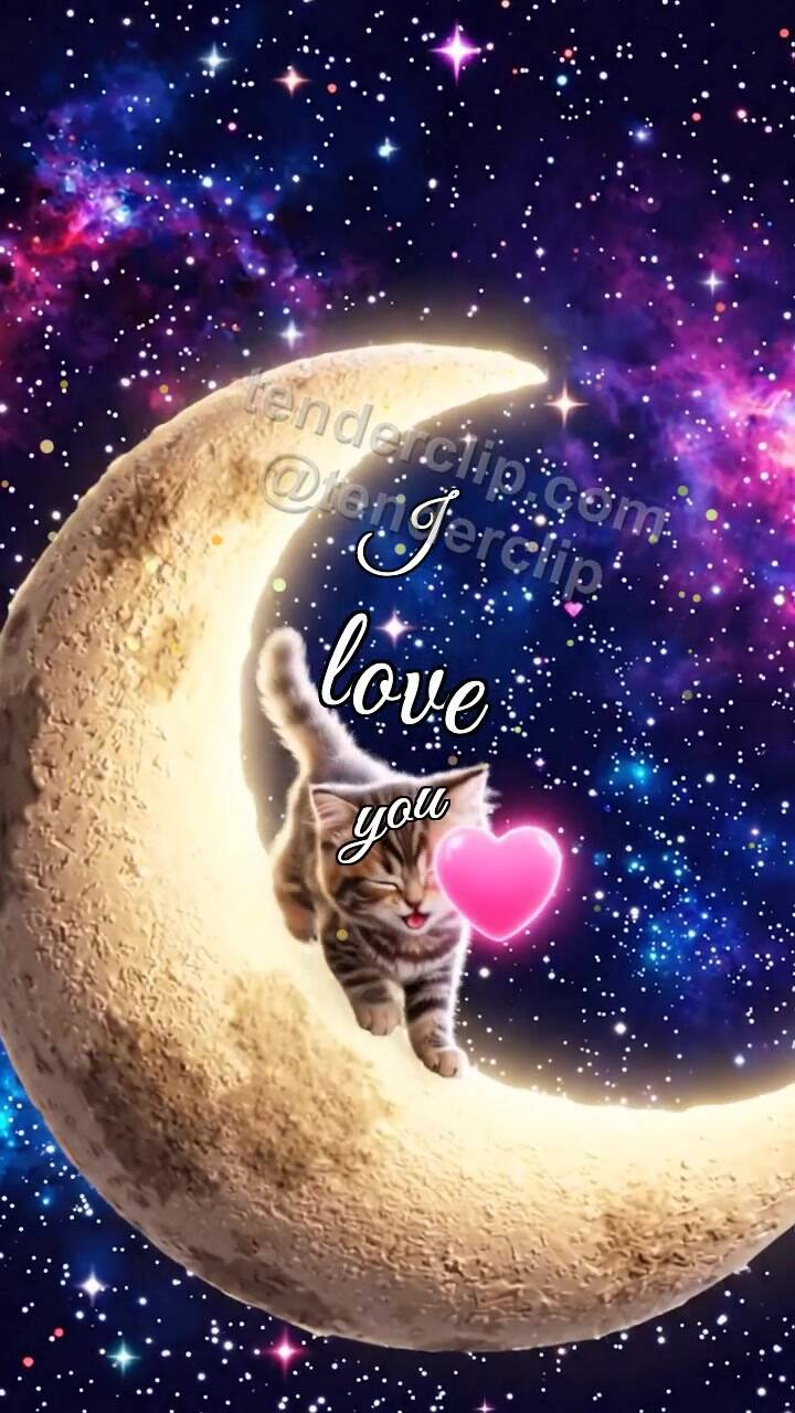 Animated greeting card about I love you: Moon Kitten Heart