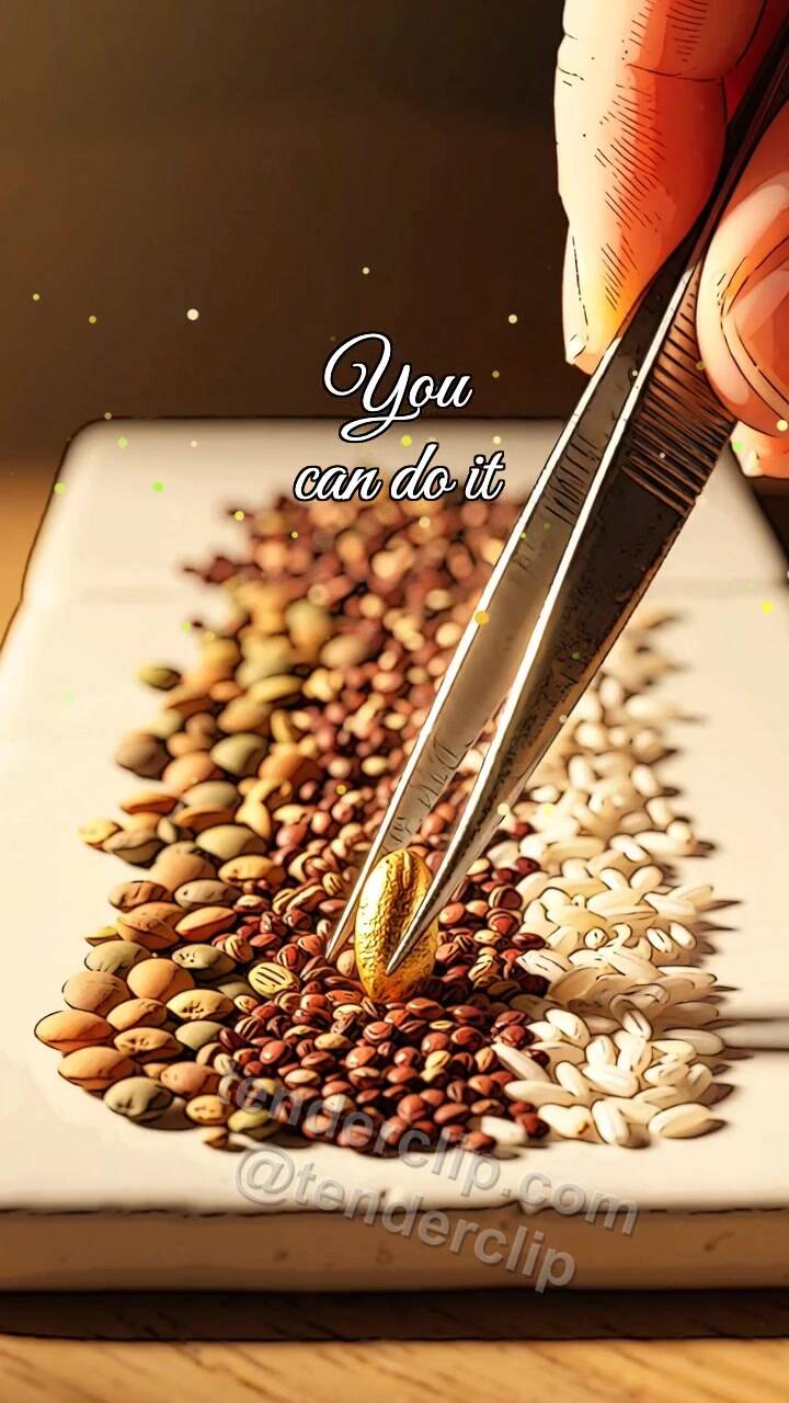 Animated greeting card about You can do it: Tweezers Choose Grain