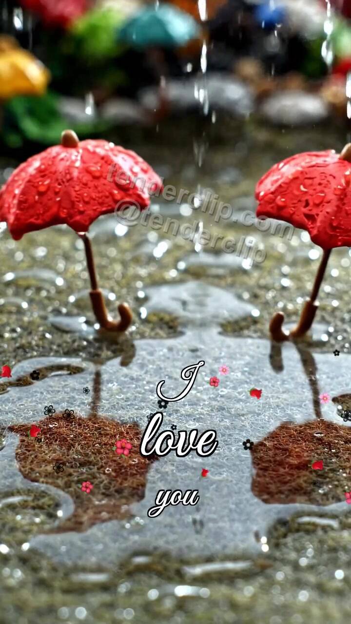 Animated greeting card about I love you: Red Umbrellas Rain
