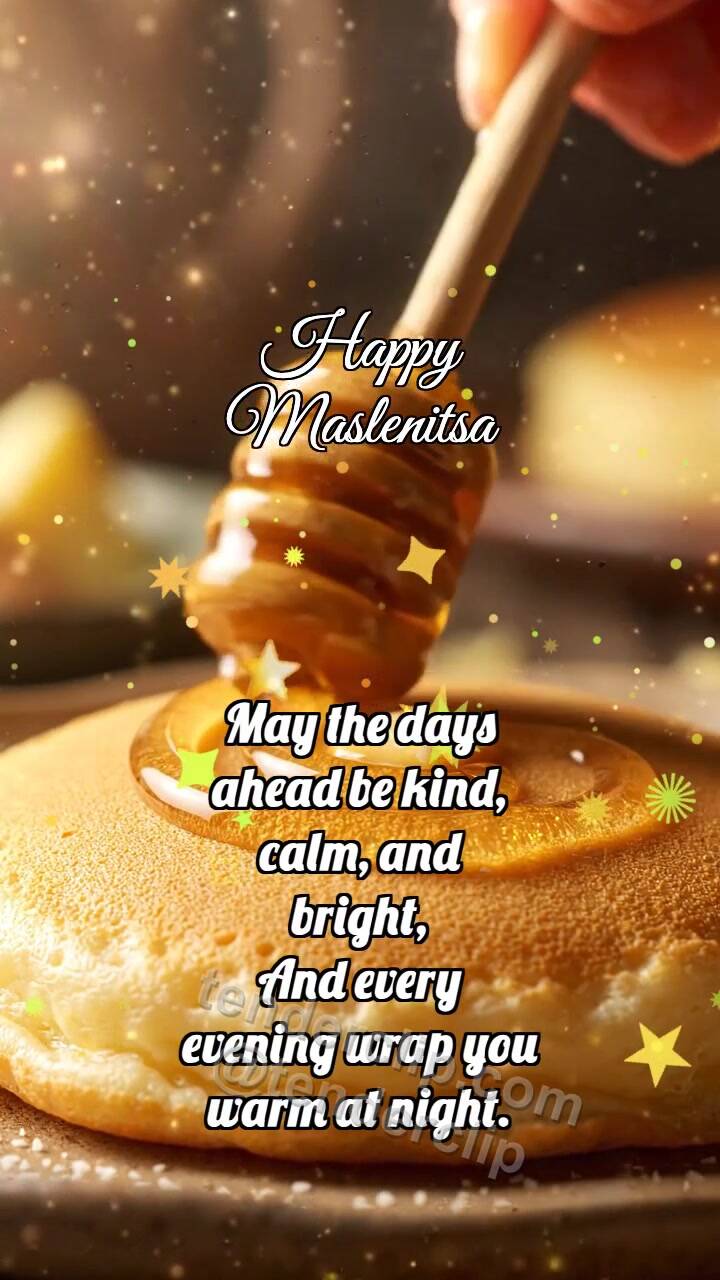 Animated greeting card about Happy Maslenitsa: Honey Spindle Glazes Blini