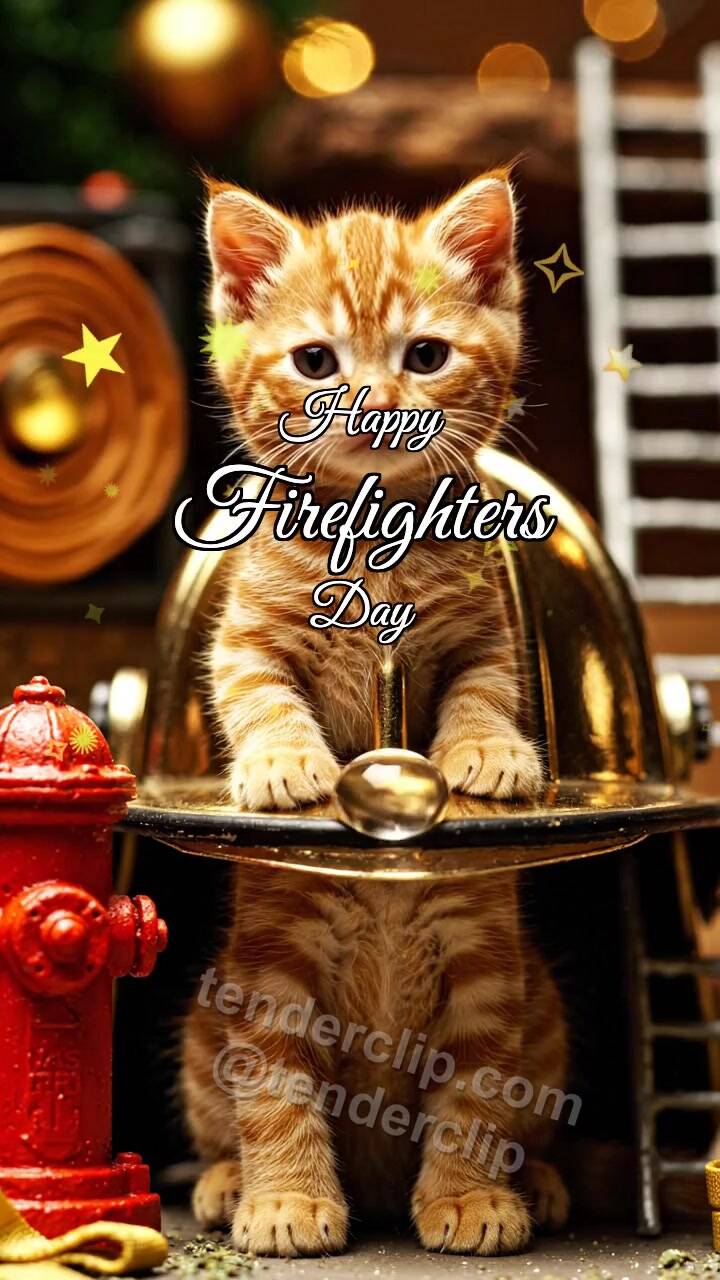Animated greeting card about Happy Firefighters Day: Kitten In Bright Helmet