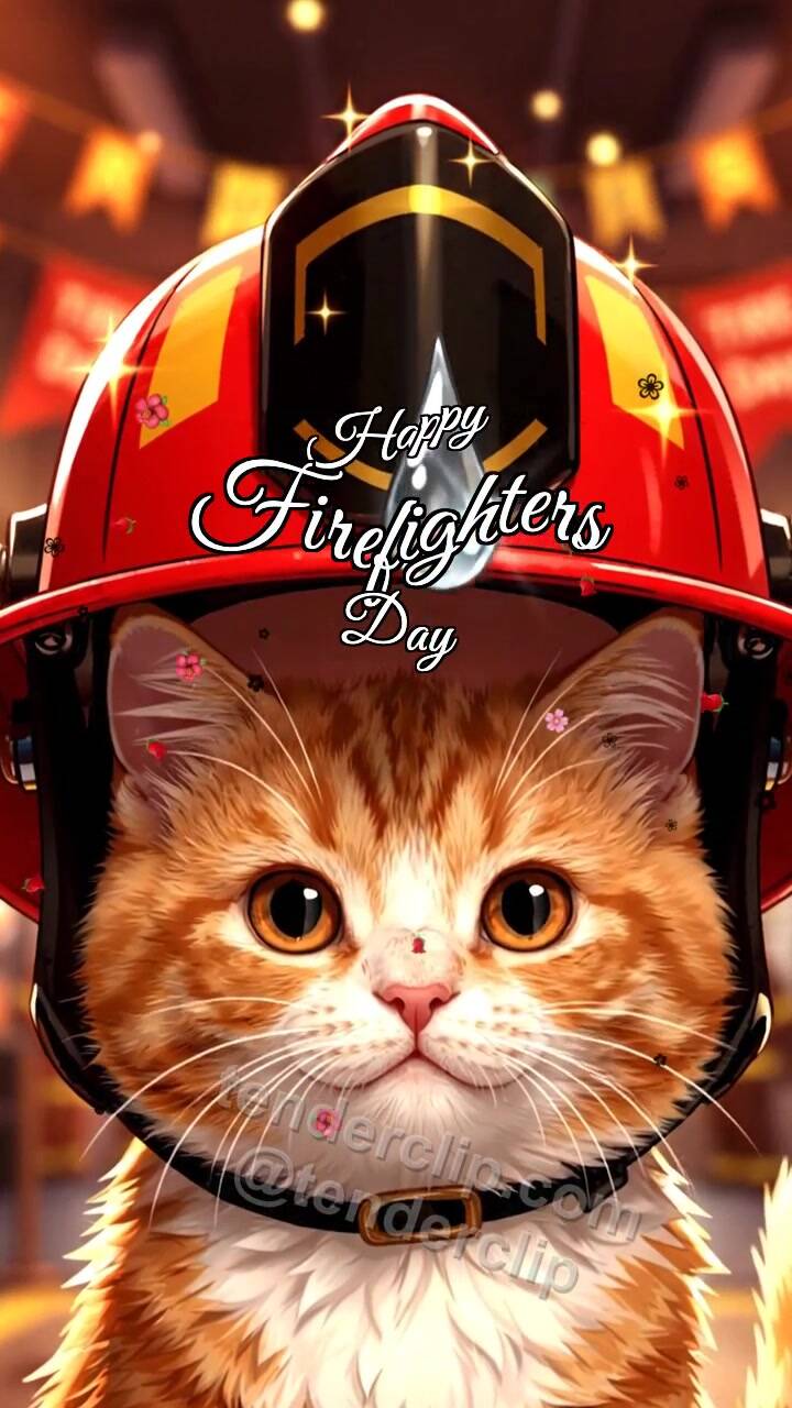 Animated greeting card about Happy Firefighters Day: Kitten In Bright Helmet
