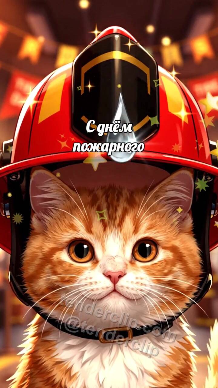 Анимационная открытка на тему С днём пожарного: Котёнок в блестящем шлеме