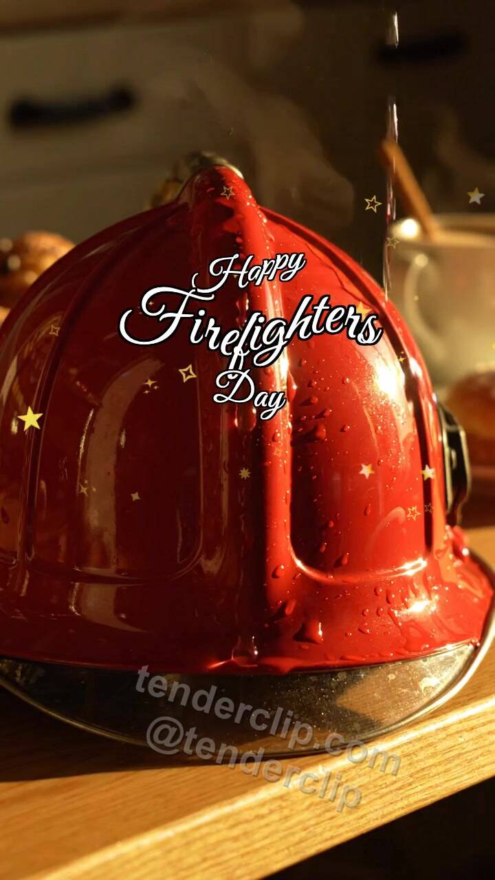 Animated greeting card about Happy Firefighters Day: Drop Shines on Helmet
