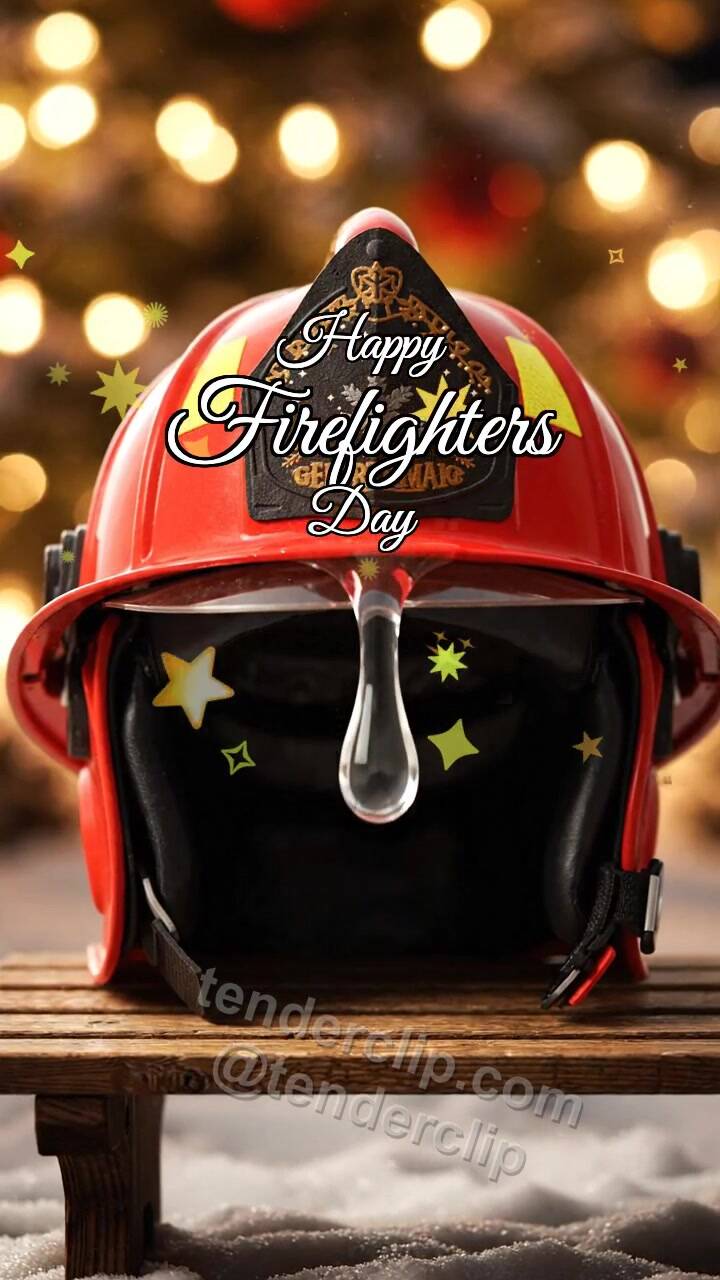Animated greeting card about Happy Firefighters Day: Drop Shines on Helmet