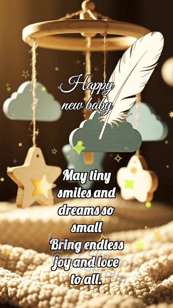 Animated greeting card about Happy new baby: Tiny Mobile Welcomes Feather