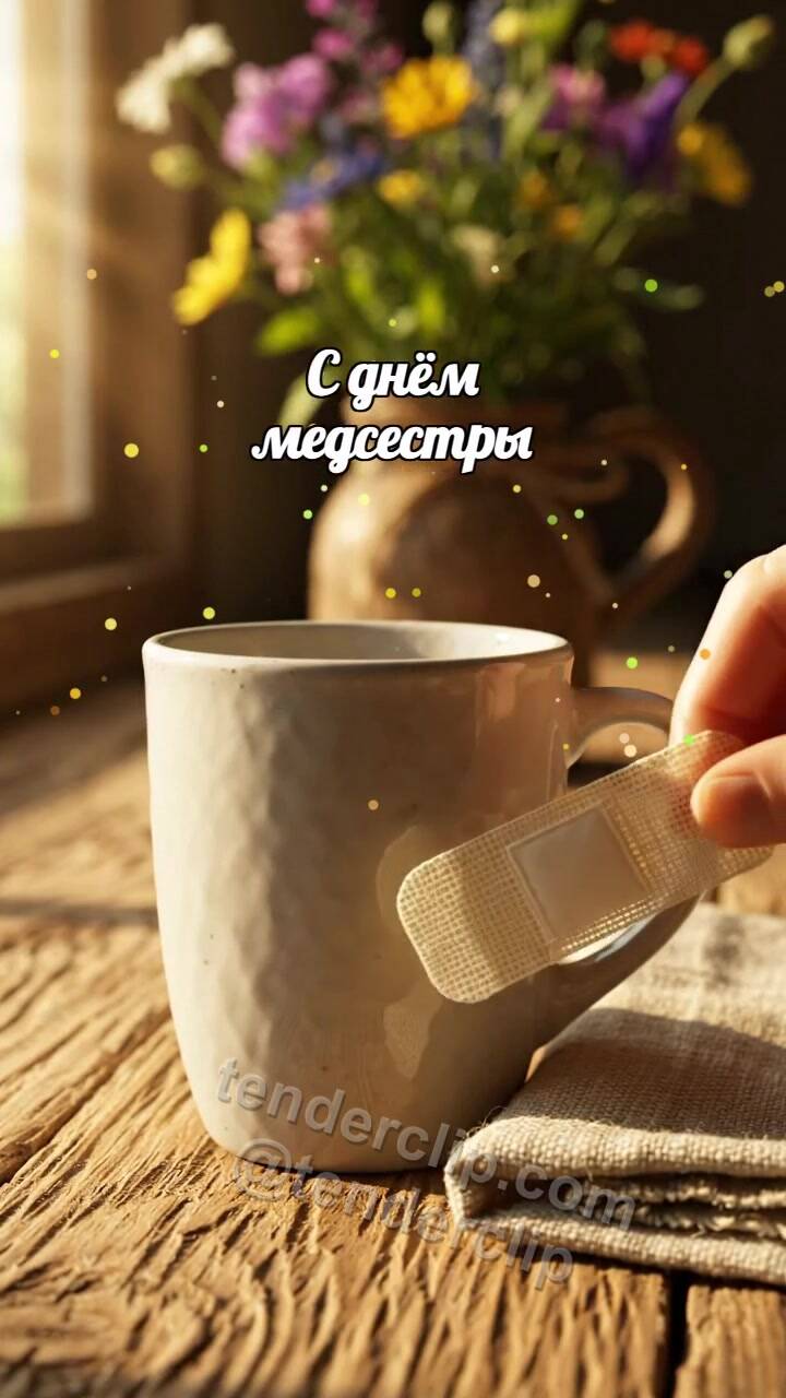 Анимационная открытка на тему С днём медсестры: Пластырь обнимает кружку