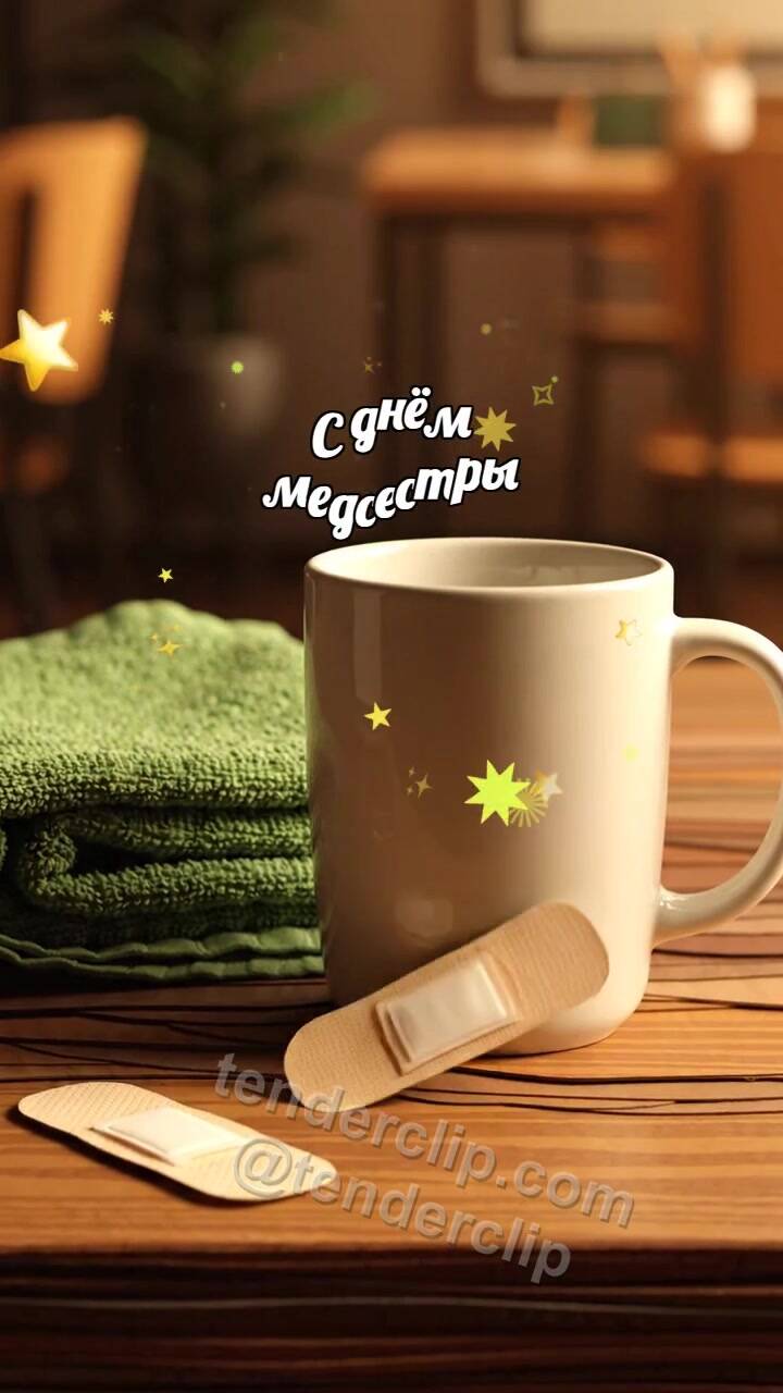 Анимационная открытка на тему С днём медсестры: Пластырь обнимает кружку