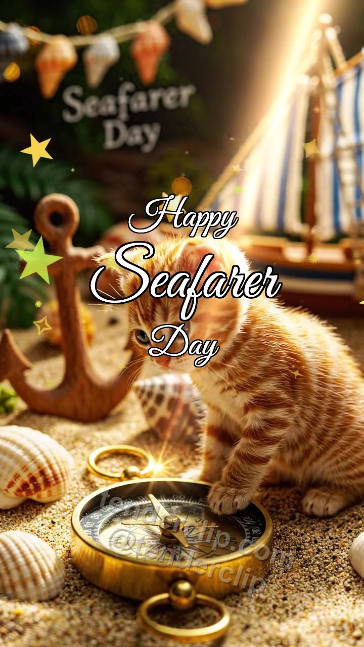 Animated greeting card about Happy Seafarer Day: Kitten With Lucky Compass