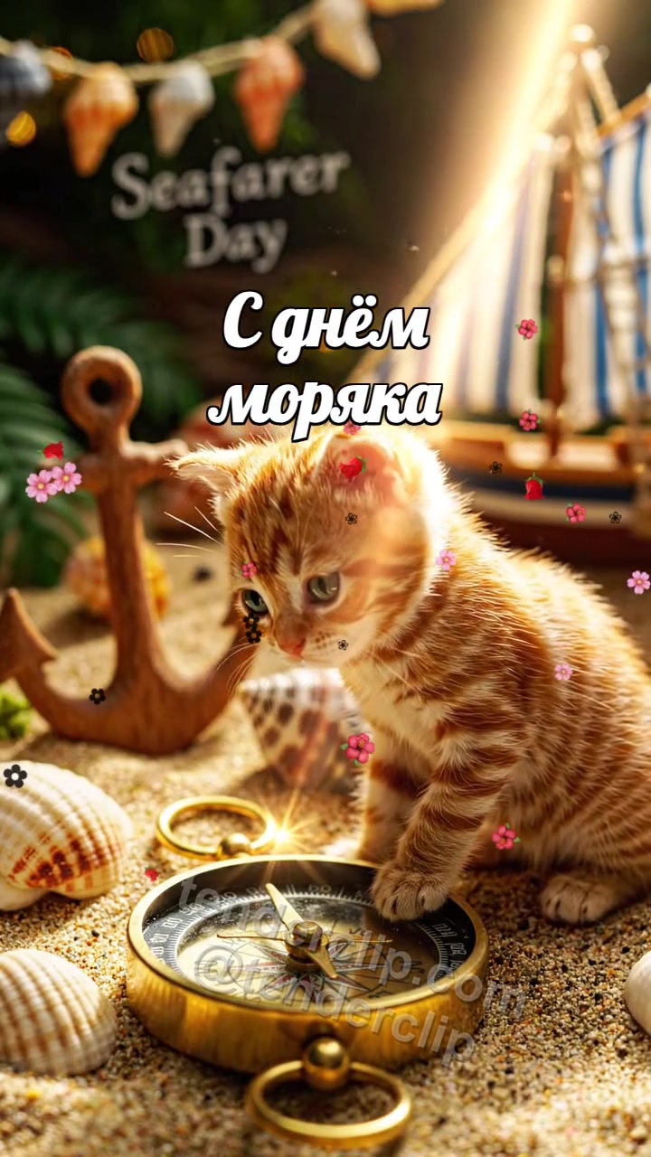 Анимационная открытка на тему С днём моряка: Котёнок с компасом удачи