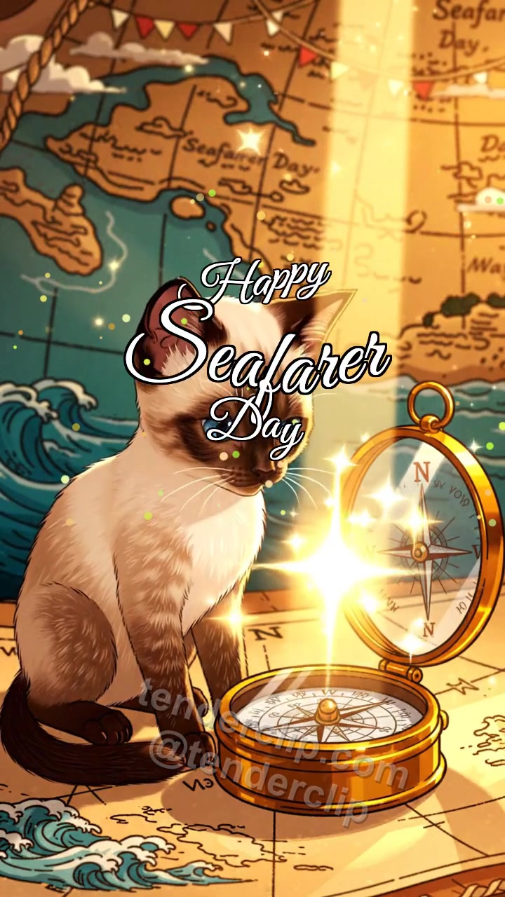 Animated greeting card about Happy Seafarer Day: Kitten With Lucky Compass