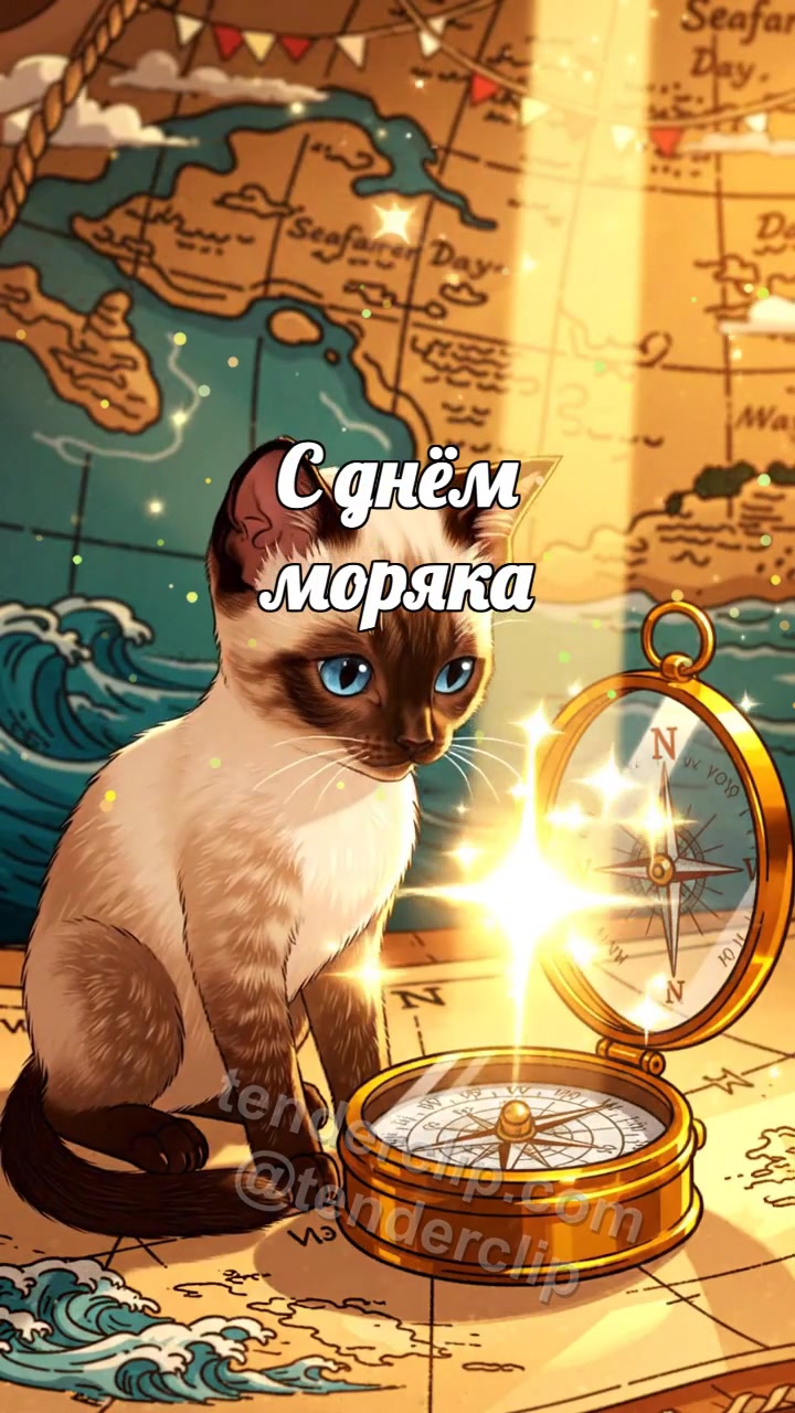 Анимационная открытка на тему С днём моряка: Котёнок с компасом удачи