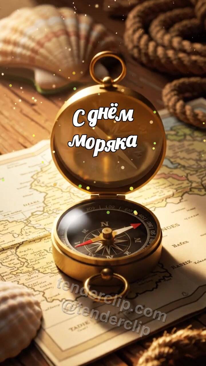 Анимационная открытка на тему С днём моряка: Компас ловит луч