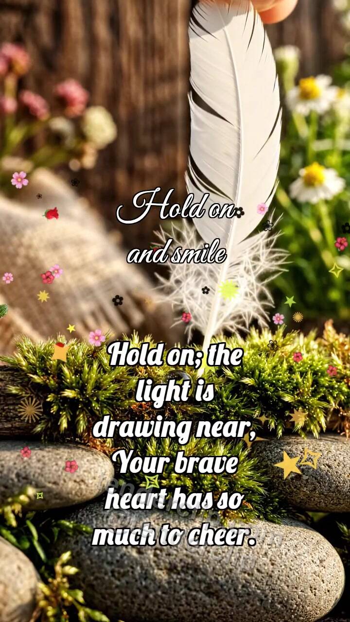 Animated greeting card about Hold on and smile: Mossy Handrail Holds Feather