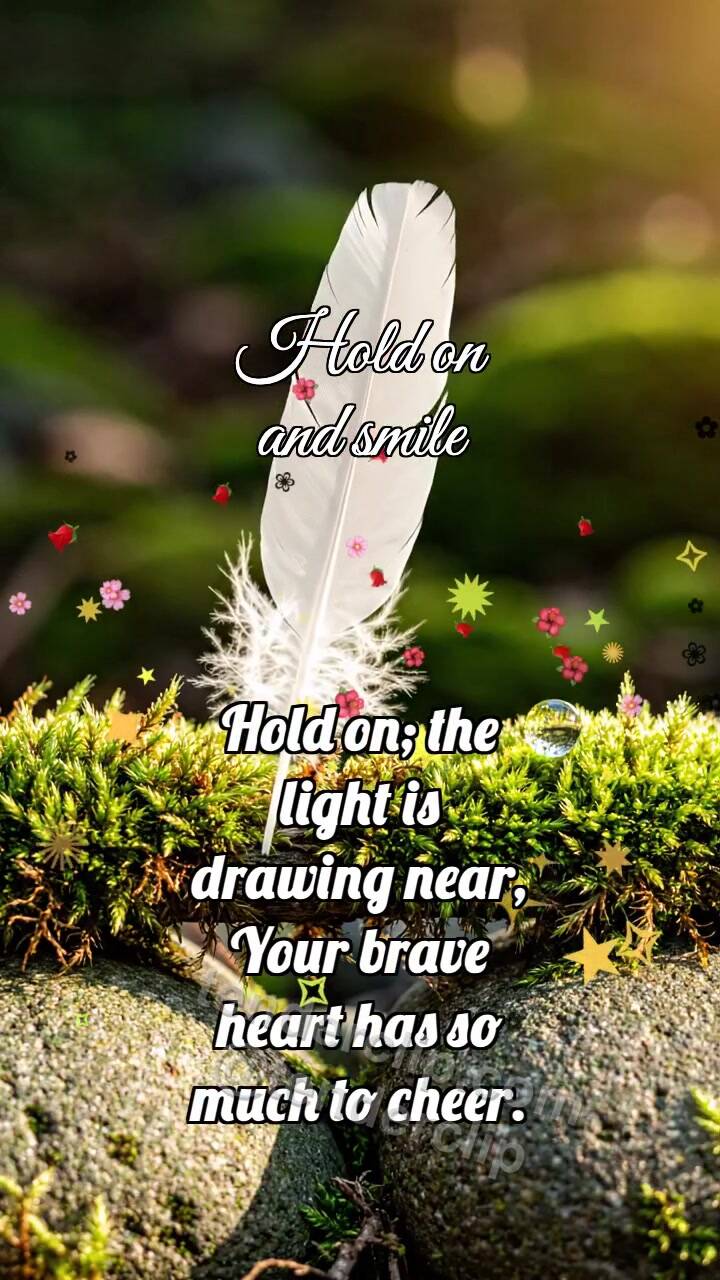 Animated greeting card about Hold on and smile: Mossy Handrail Holds Feather