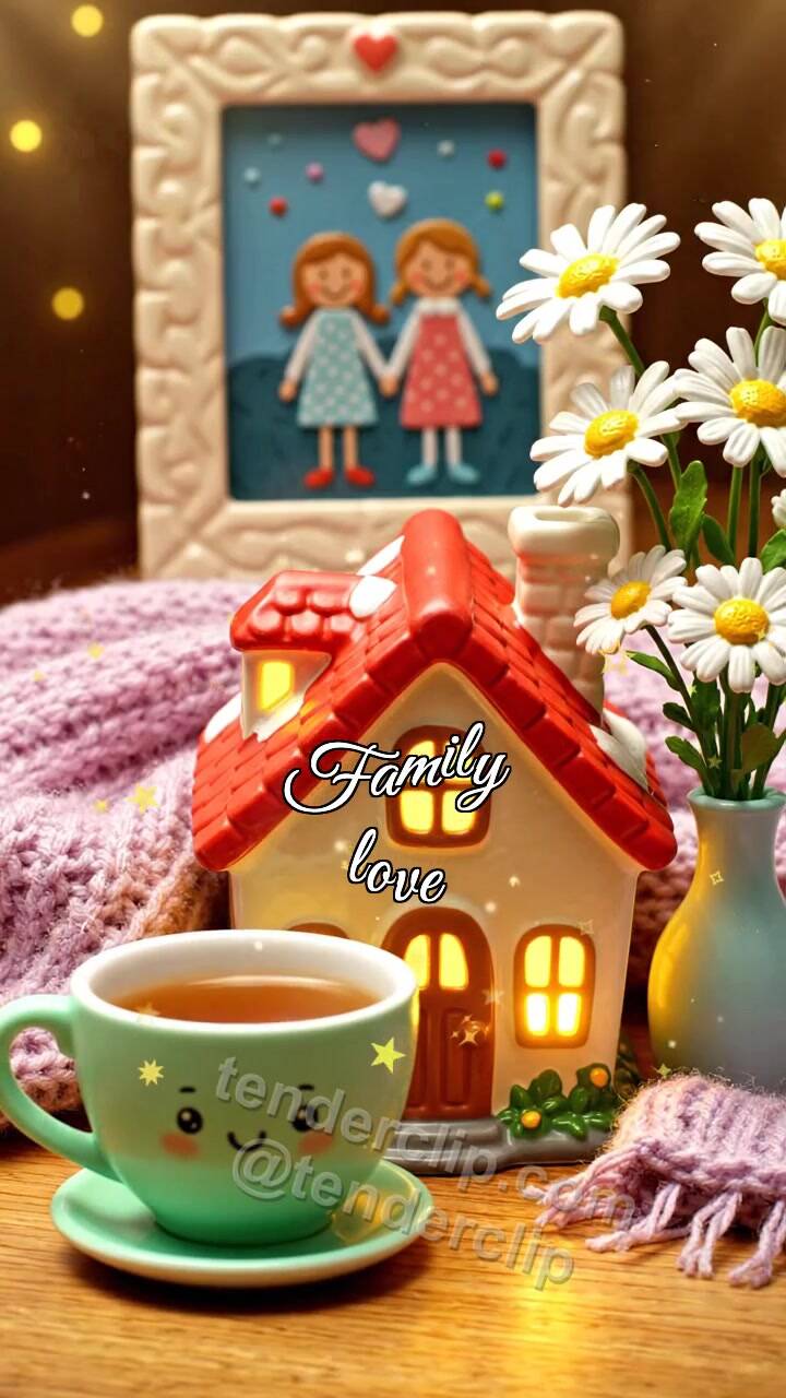 Animated greeting card about Family love: tea moves closer
