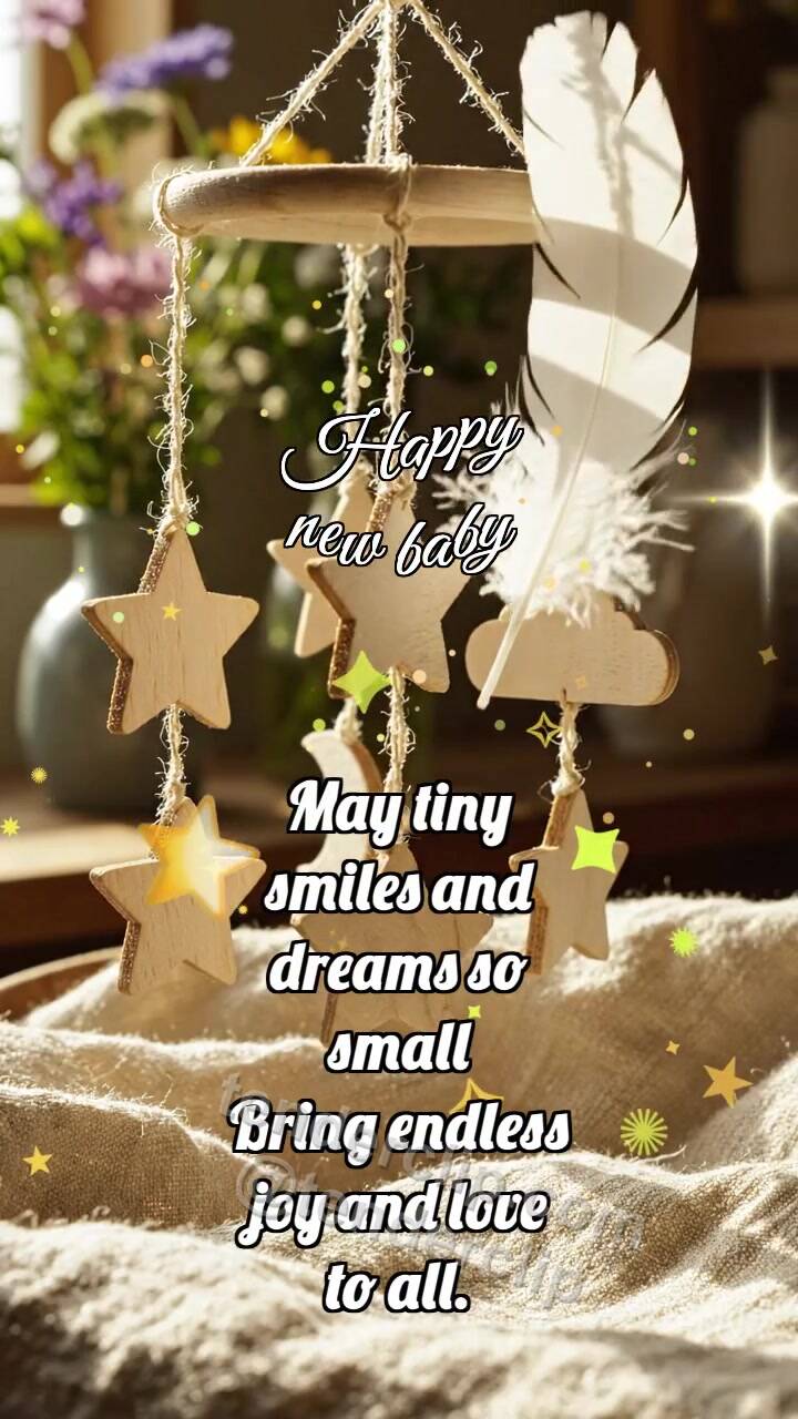 Animated greeting card about Happy new baby: Tiny Mobile Welcomes Feather
