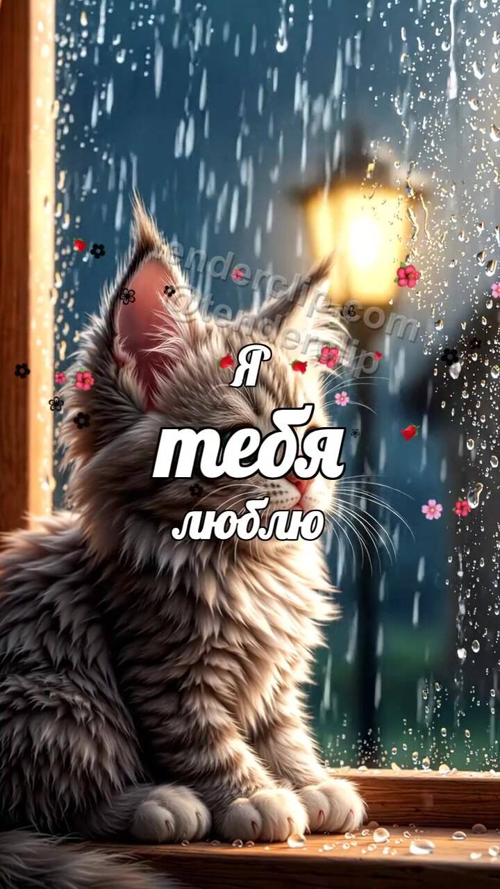 Анимационная открытка на тему Я тебя люблю: кот ждет у дождливого окна
