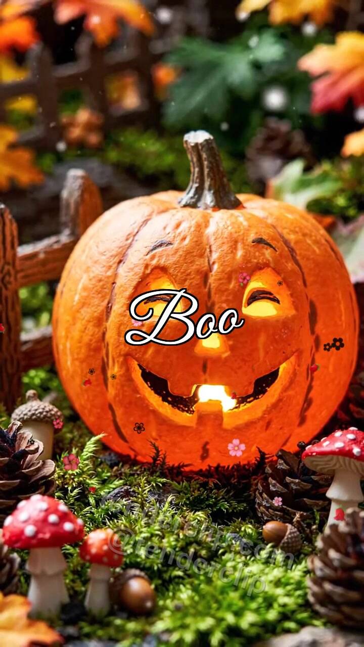 Animated greeting card about Boo: pumpkin lantern blinks kindly