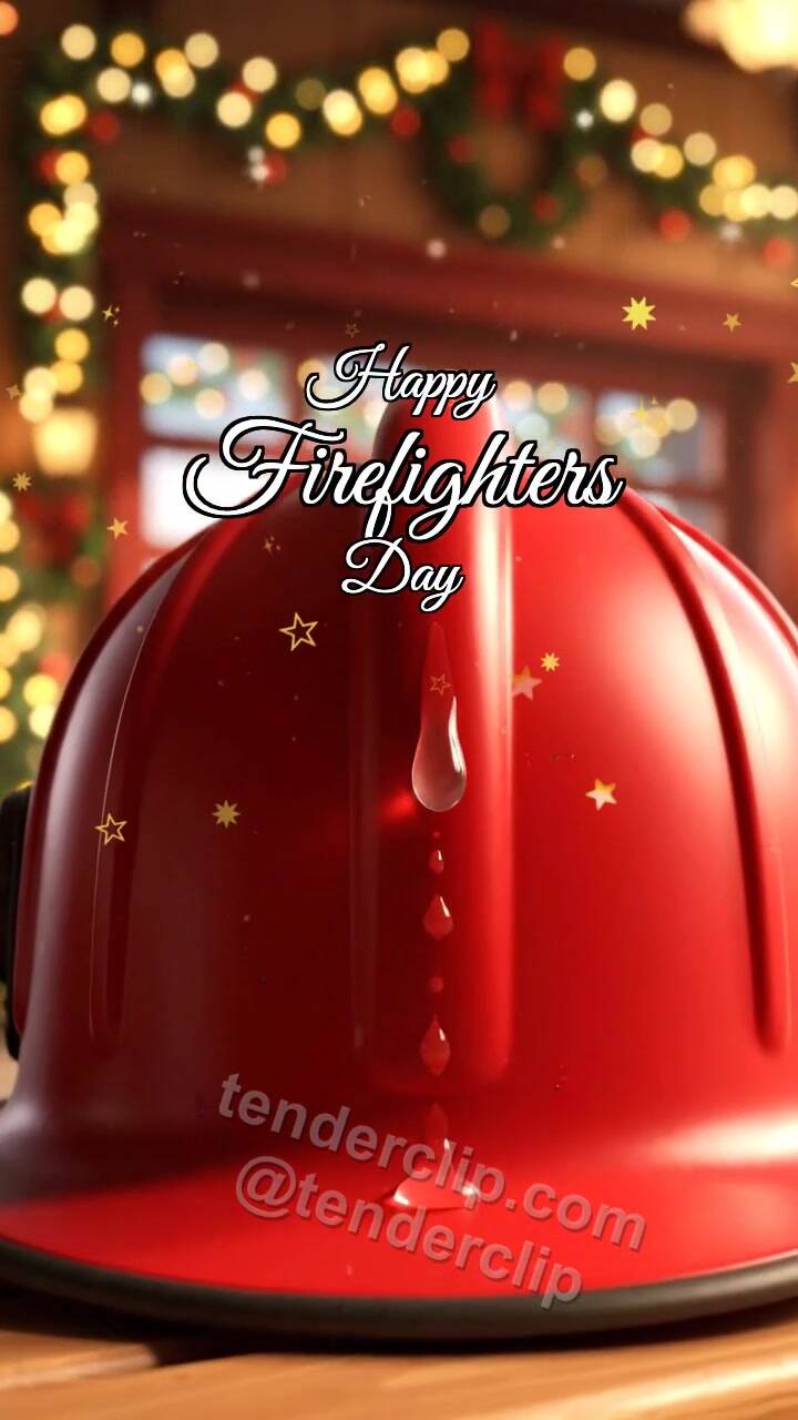 Animated greeting card about Happy Firefighters Day: Drop Shines on Helmet