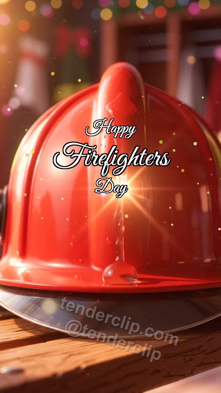 Animated greeting card about Happy Firefighters Day: Drop Shines on Helmet