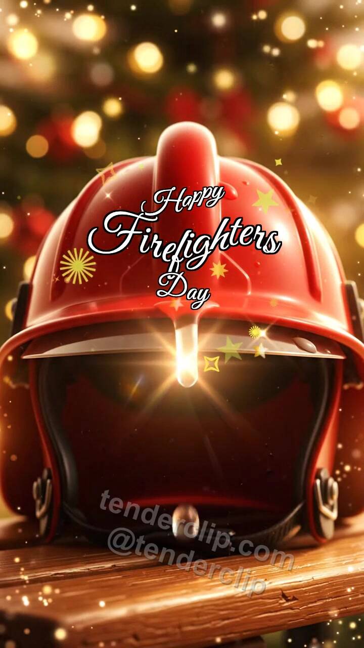 Animated greeting card about Happy Firefighters Day: Drop Shines on Helmet