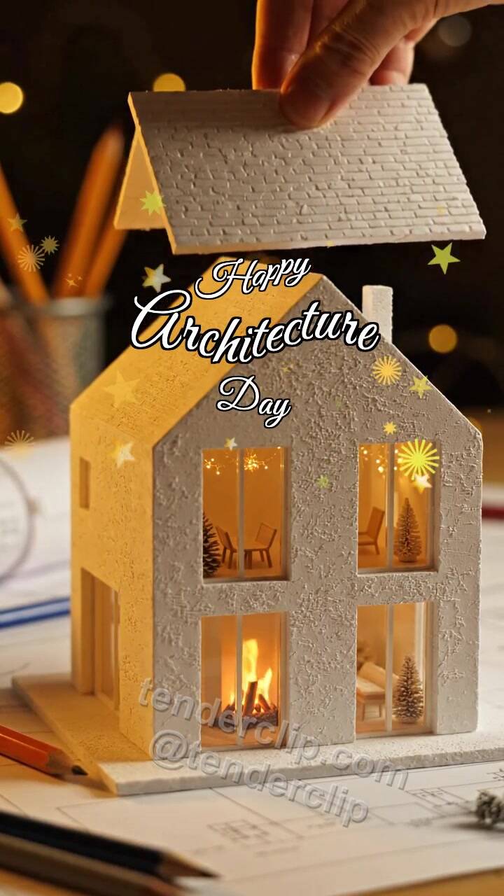 Animated greeting card about Happy Architecture Day: Model Gets Roof
