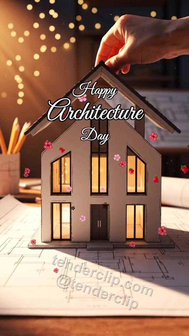 Animated greeting card about Happy Architecture Day: Model Gets Roof