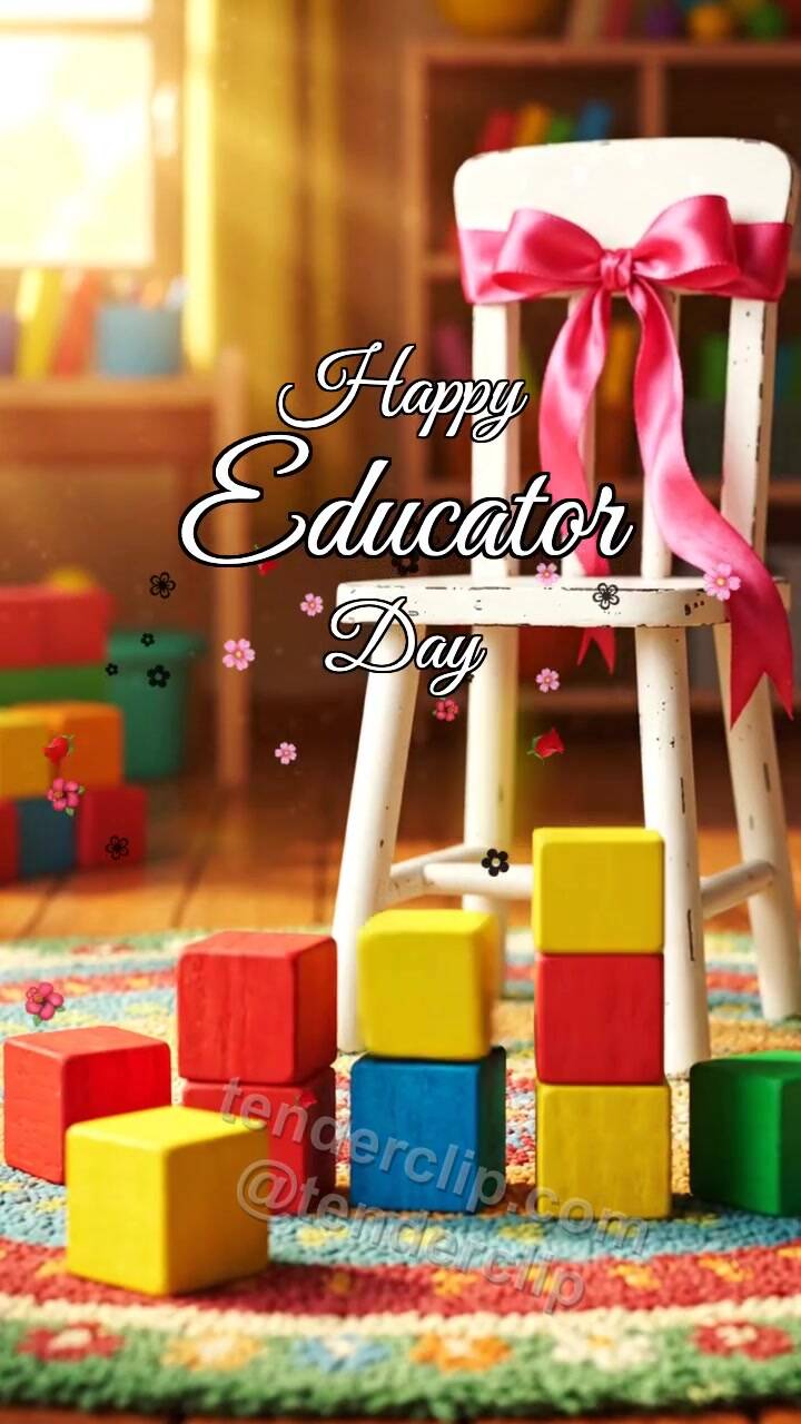 Animated greeting card about Happy Educator Day: Blocks Build Arch