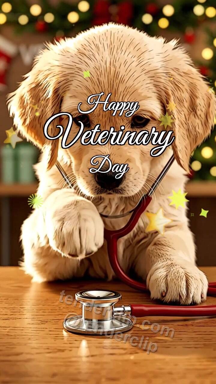 Animated greeting card about Happy Veterinary Day: Paw Touches Stethoscope