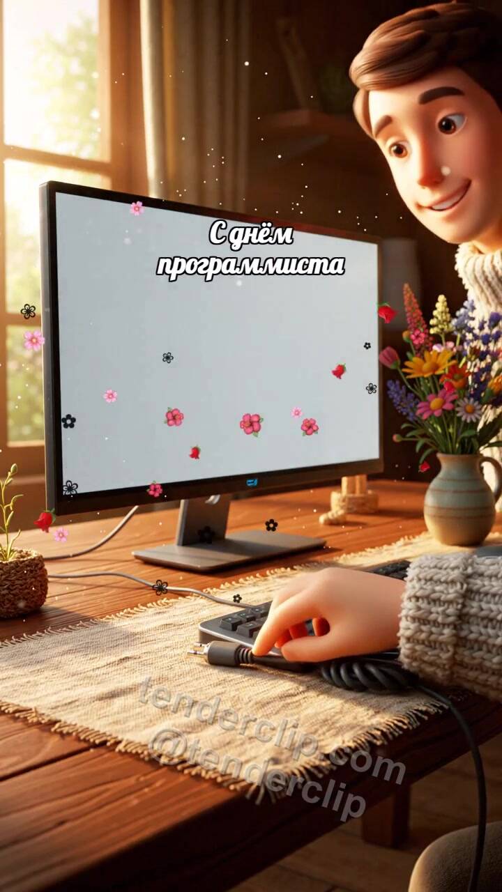 Анимационная открытка на тему С днём программиста: Кабель зажигает экран
