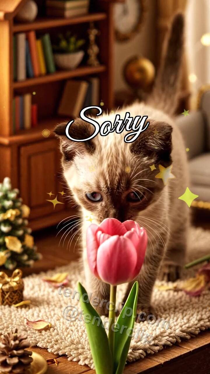 Animated greeting card about Sorry: Kitten Brings Flower