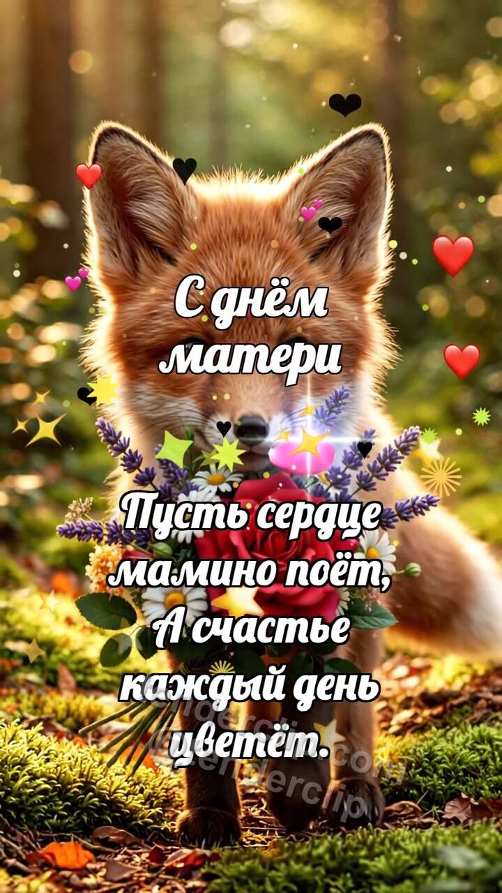 Анимационная открытка на тему С днём матери: Лисёнок несёт цветы маме