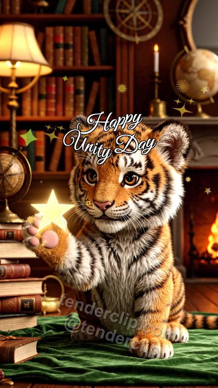 Animated greeting card about Happy Unity Day: Tiger Cub Joins Stars