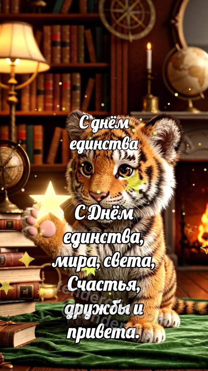 Анимационная открытка на тему С днём единства: Тигрёнок соединяет звёзды