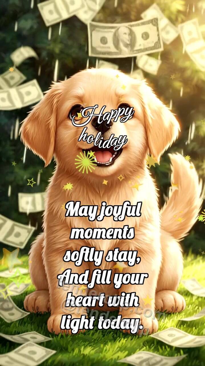 Animated greeting card about Happy holiday: Puppy Under Money Rain