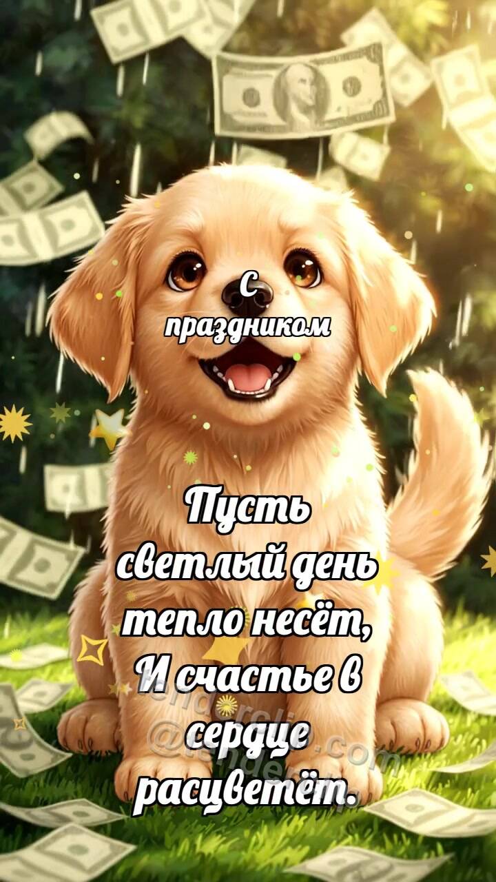 Анимационная открытка на тему С праздником: Щенок под дождём денег