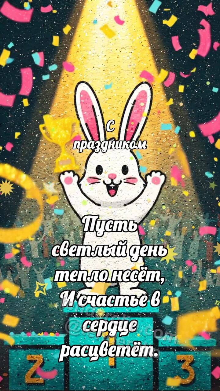Анимационная открытка на тему С праздником: Зайчик на вершине