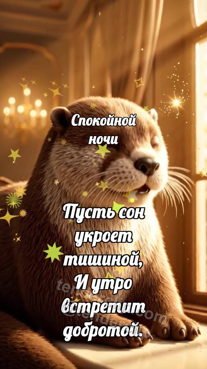 Анимационная открытка на тему Спокойной ночи: Выдра рядом у окна
