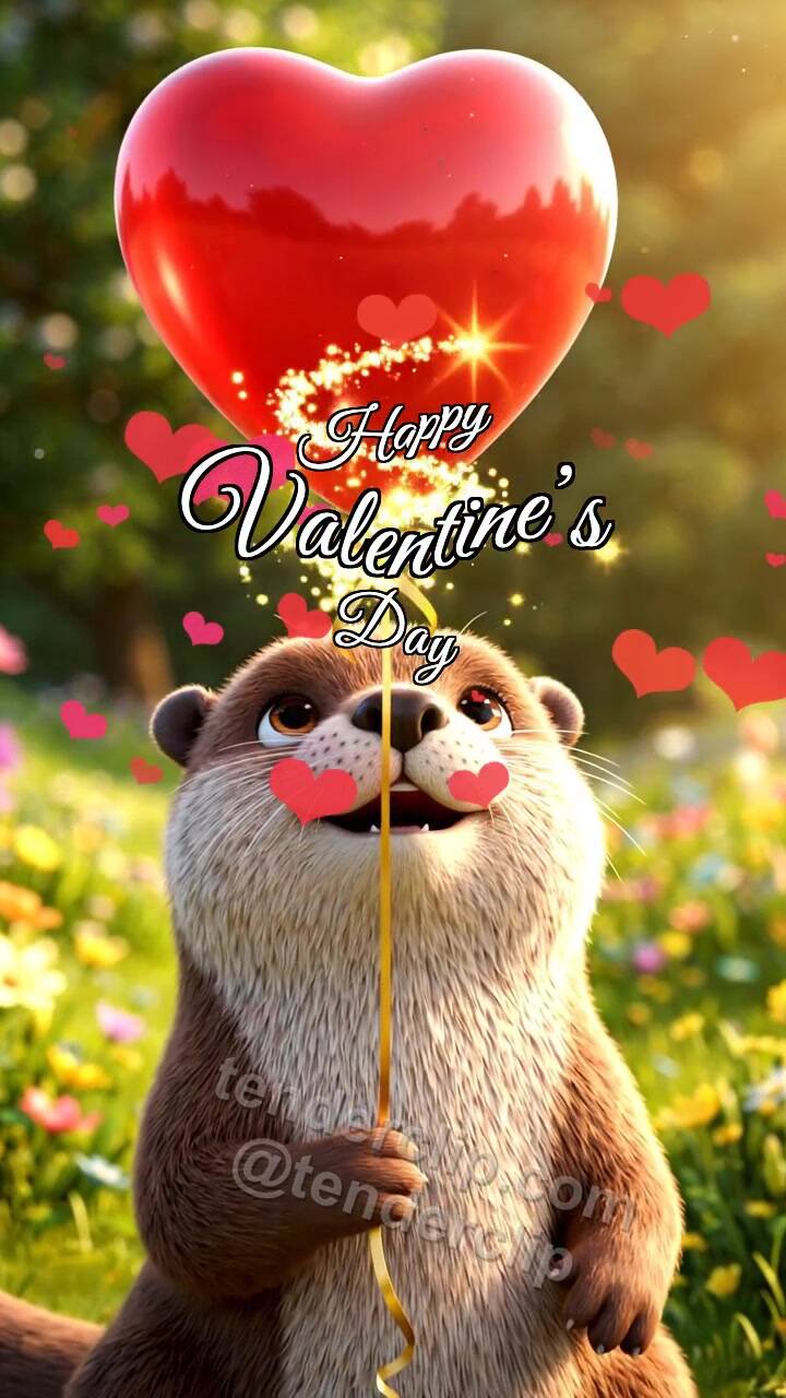 Animated greeting card about Happy Valentine’s Day: Otter With Heart Balloon