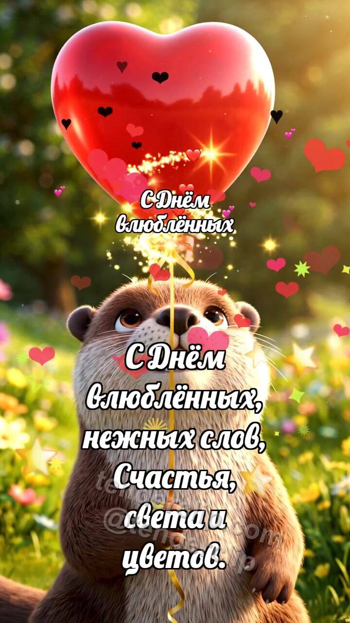 Анимационная открытка на тему С Днём влюблённых: Выдра с сердечным шариком
