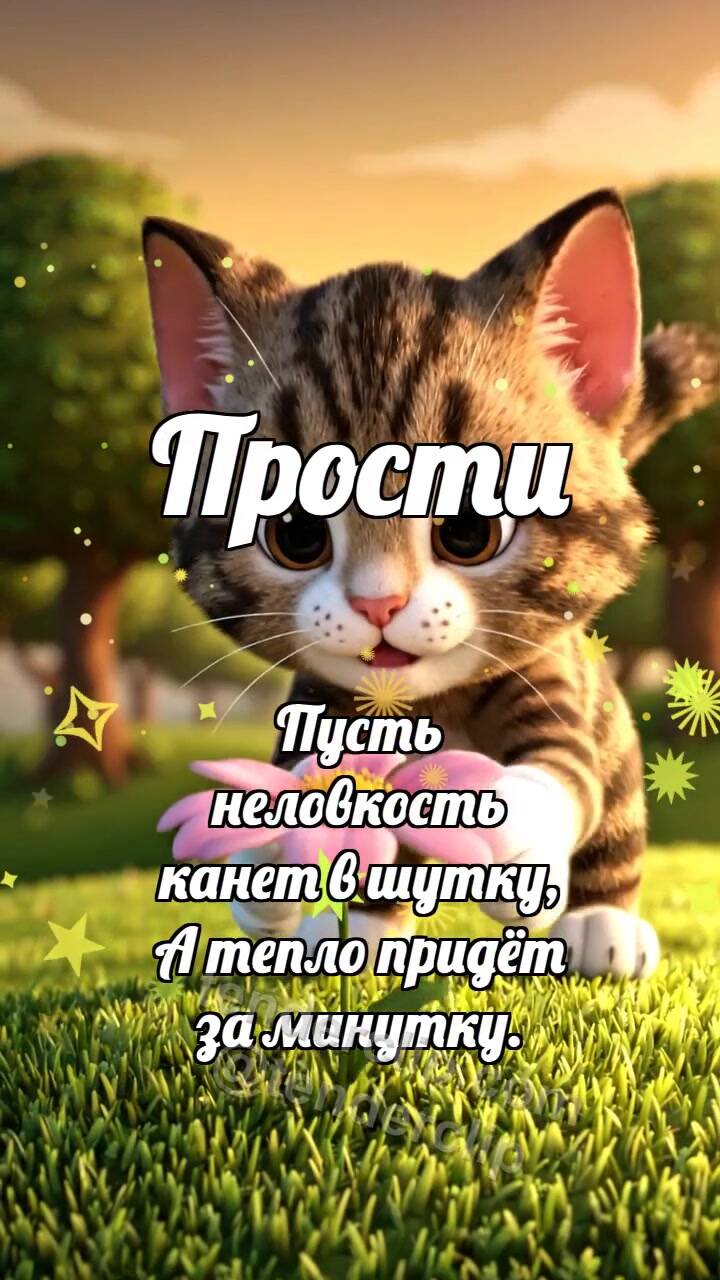 Анимационная открытка на тему Прости: Котёнок приносит цветок