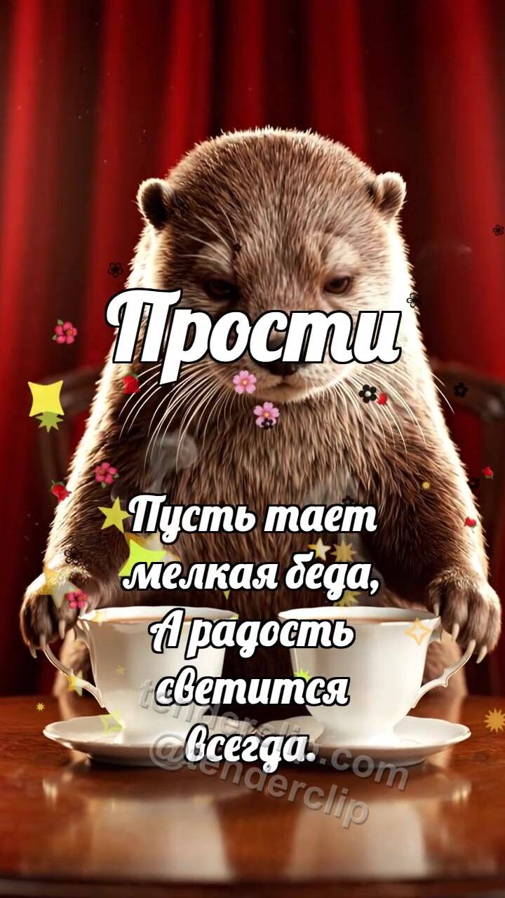 Анимационная открытка на тему Прости: Выдра двигает чашки ближе
