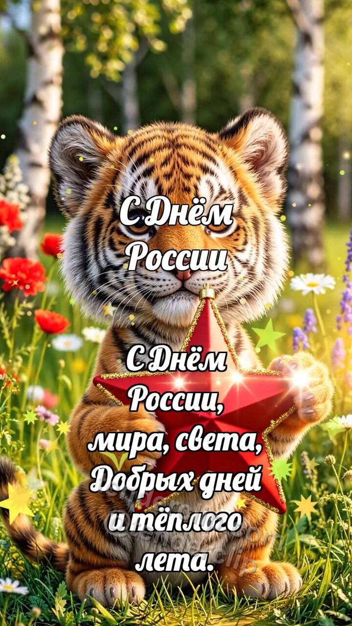Анимационная открытка на тему С Днём России: Тигрёнок держит звезду праздника
