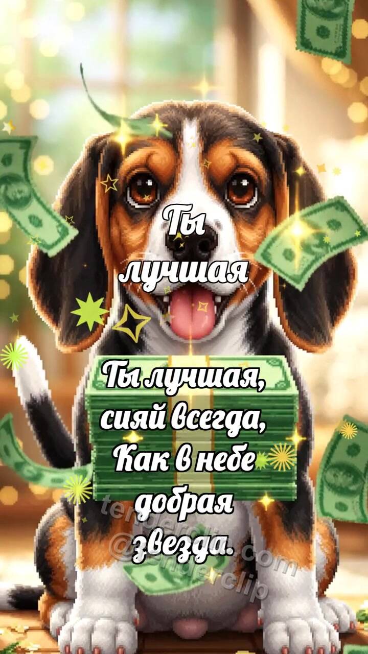 Анимационная открытка на тему Ты лучшая: Щенок со стопкой денег