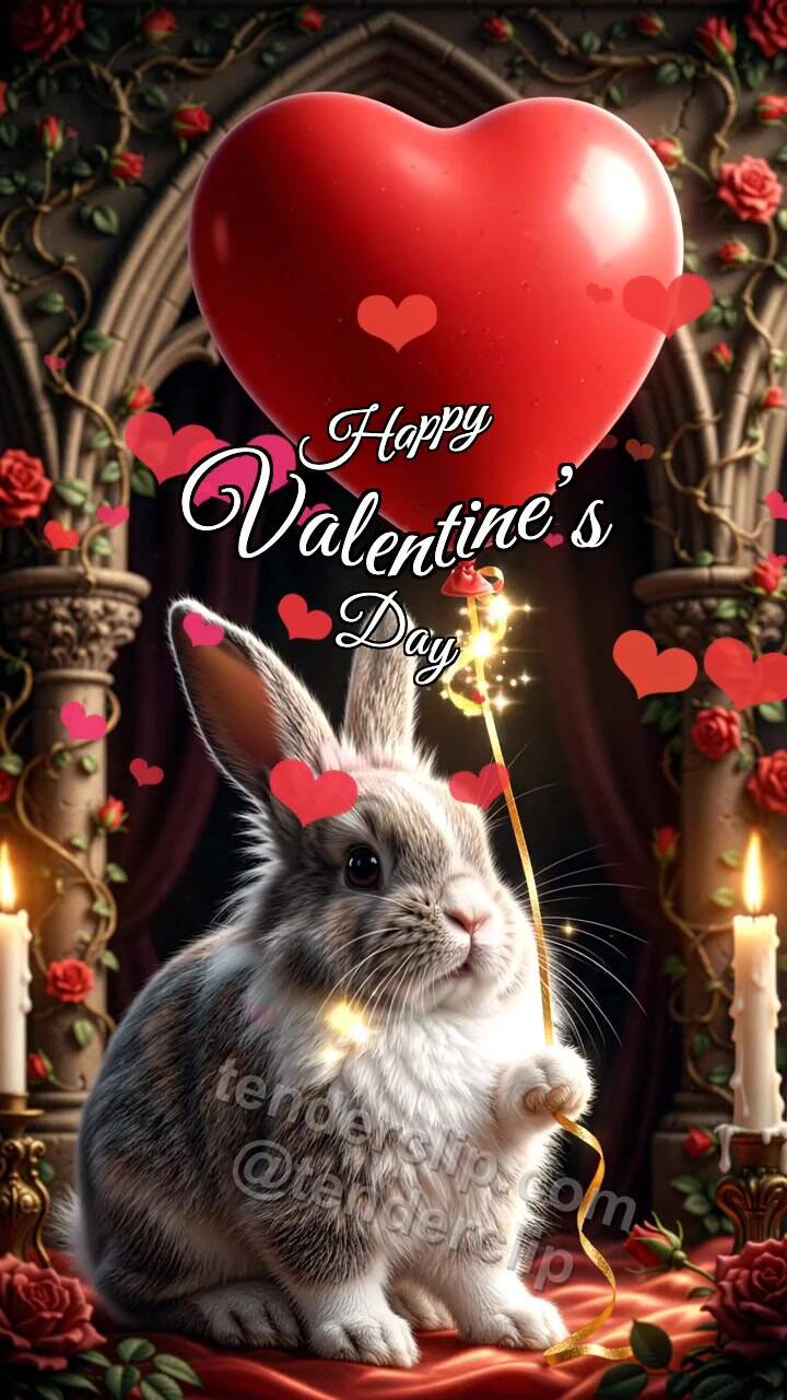 Animated greeting card about Happy Valentine’s Day: Bunny With Heart Balloon